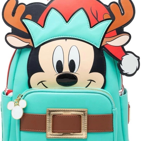 Disney Handbags - Disney Mickey Mouse Aqua and Brown Elf Backpack with Holiday Hat